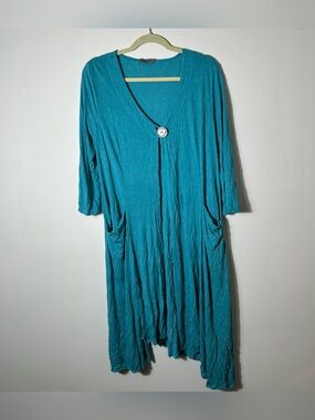 Chalet Et Ceci Duster Cardigan Size M Teal Bamboo Knit 3/4 Sleeve Lagenlook USA